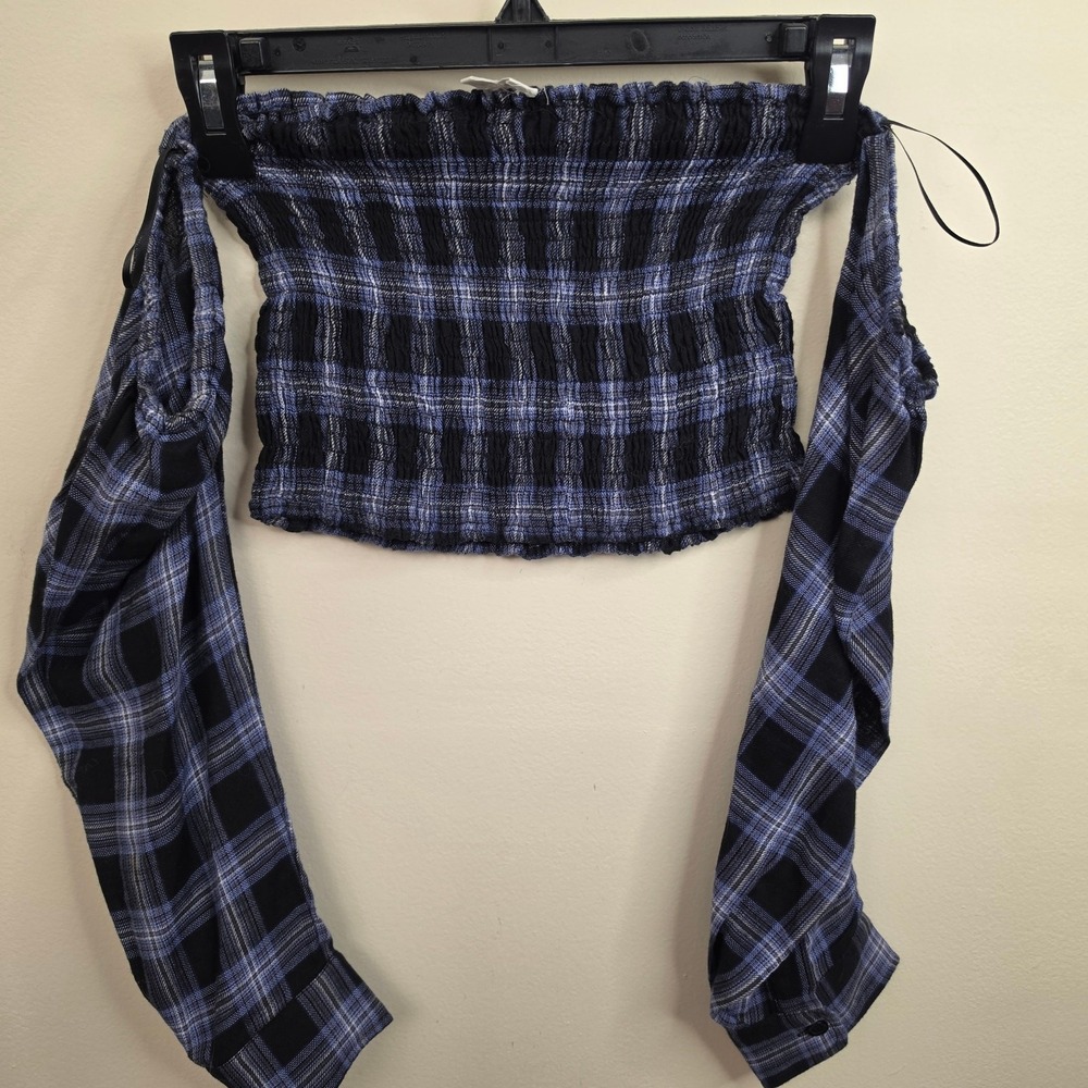 Cotton Candy Off Shoulder Navy Plaid Ruched Blouse Size M